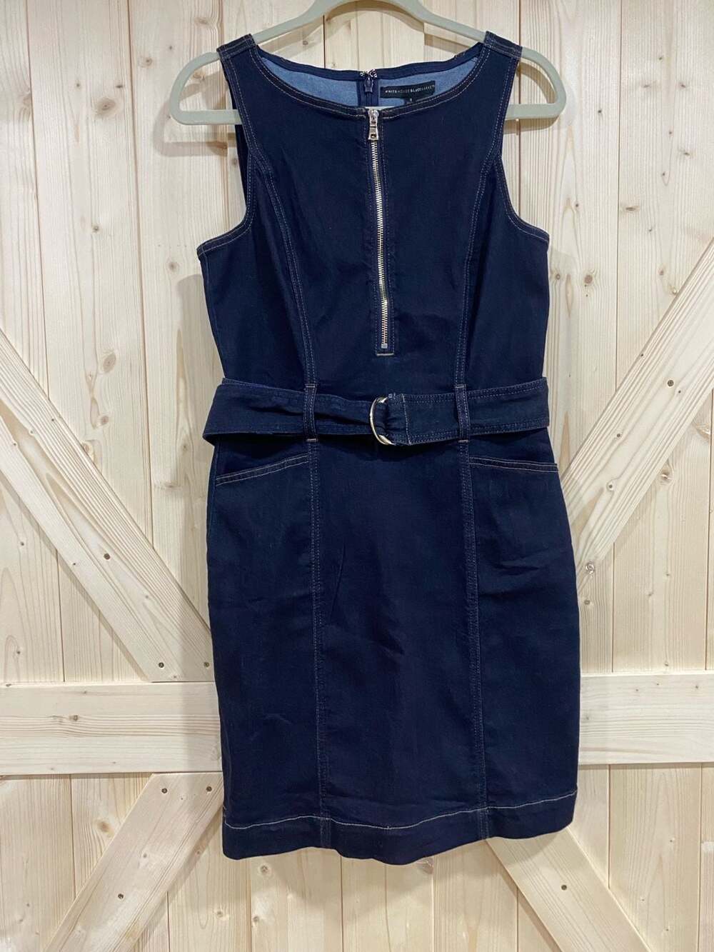 White House Black Market Sleeveless Belted Denim Mini Dress with Front Zip size - Picture 2 of 6